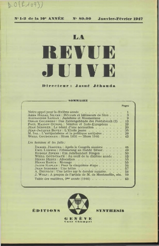 La Revue Juive de Genève. Vol. 10 n° 1-2 fasc. 89-90 (janvier-février 1947)